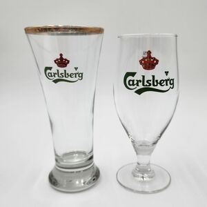 Two Carlsberg Beer Glassware - Tulip & Gold Rimmed Pilsner 12 oz